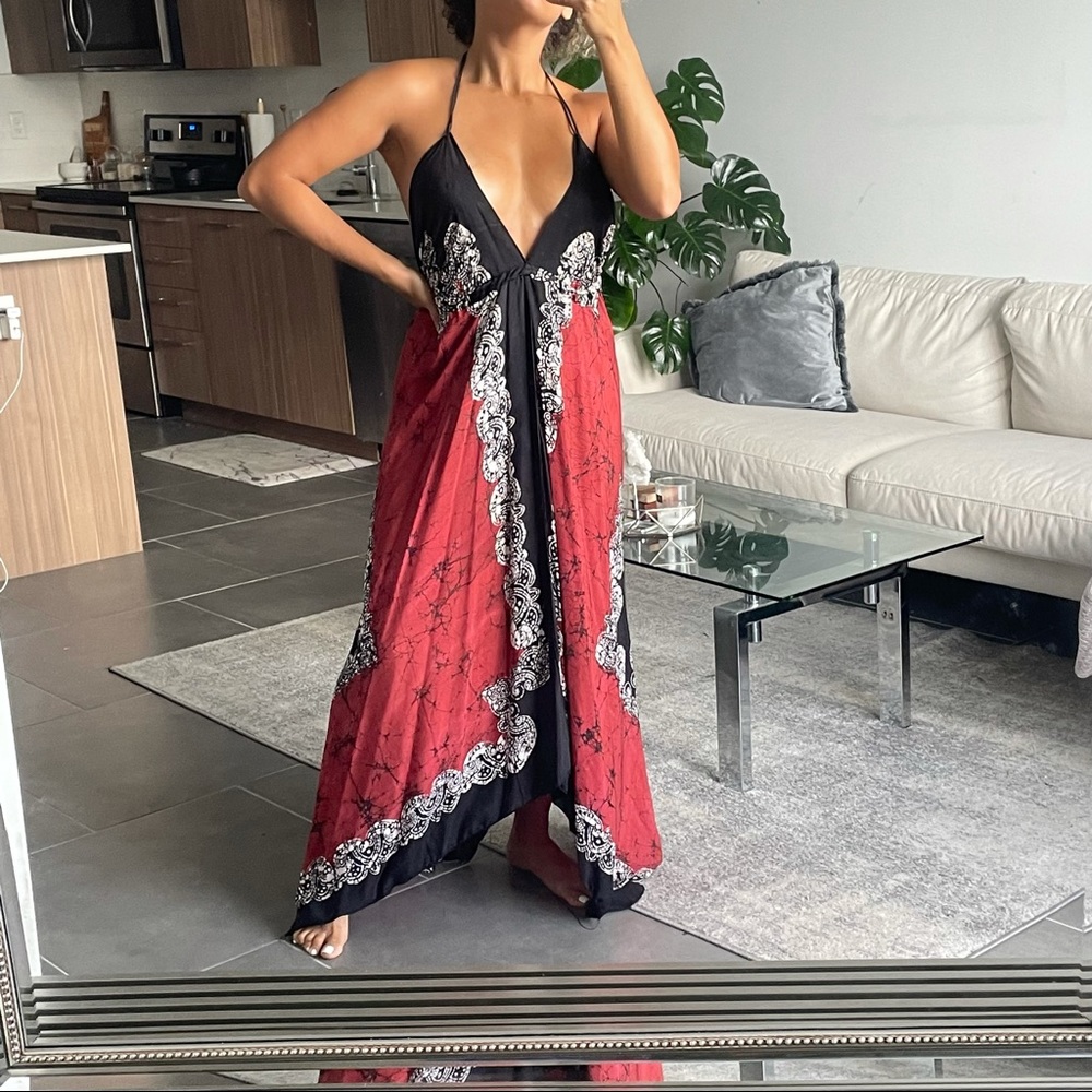 Red black satin open low back and v cut maxi dress